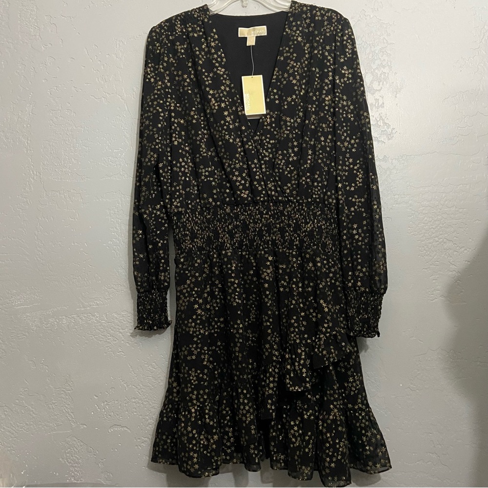 NWT MICHAEL Michael Kors Womens Black and Gold Wrap Ruffle Dress Long Sleeves XL